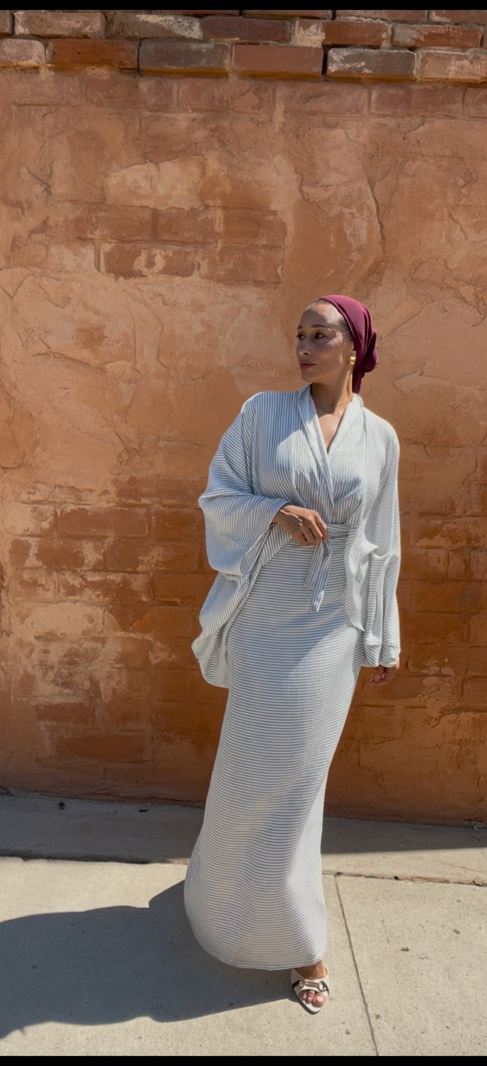 The Laila Set in Pinstriped White