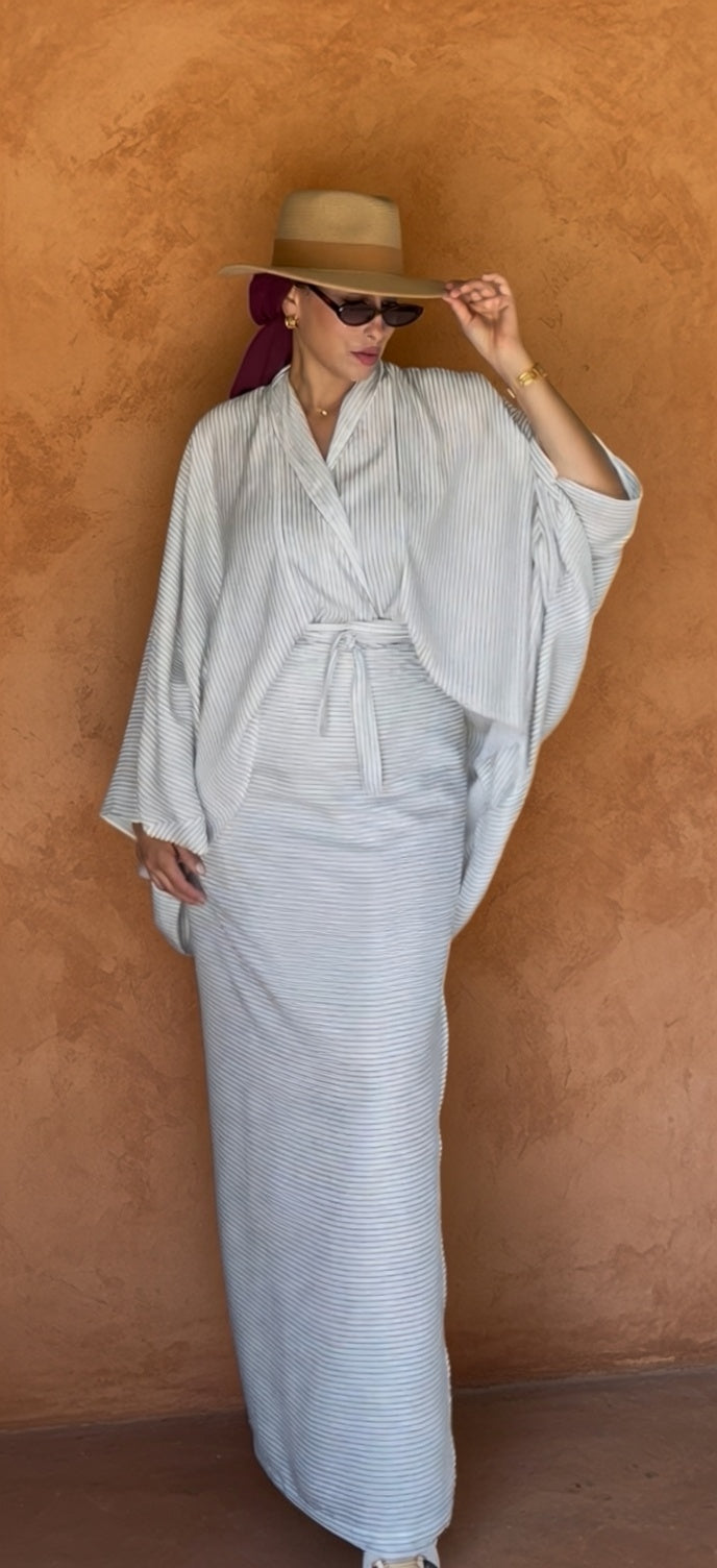 The Laila Set in Pinstriped White